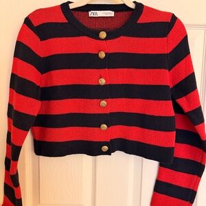 Red and navy striped cardigan with gold buttons from Zara.